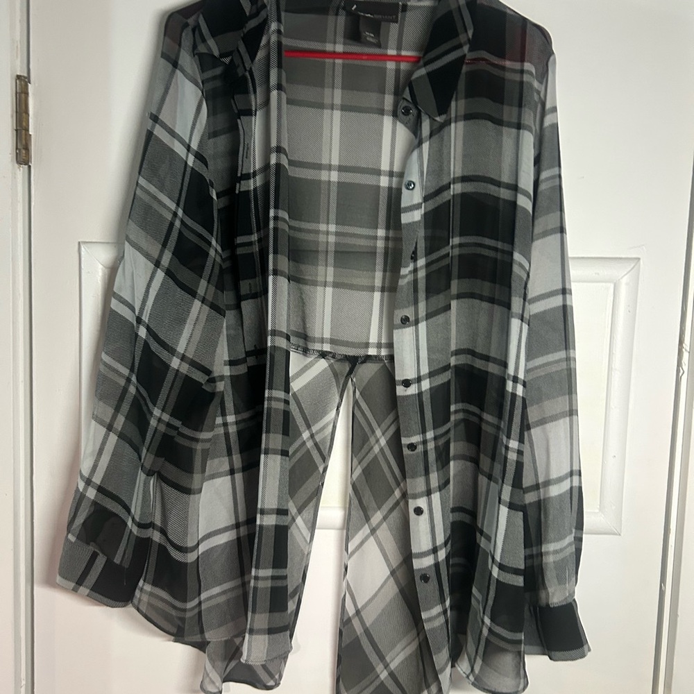 Black and Gray Sheer Plaid Button-Up Shirt
